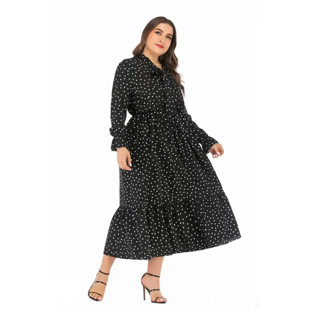 Plus Size Polka Dot Shirt Dress - Bow Tie & Long Sleeve