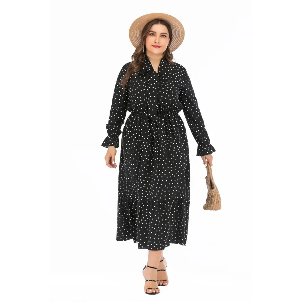Plus Size Polka Dot Shirt Dress - Bow Tie & Long Sleeve