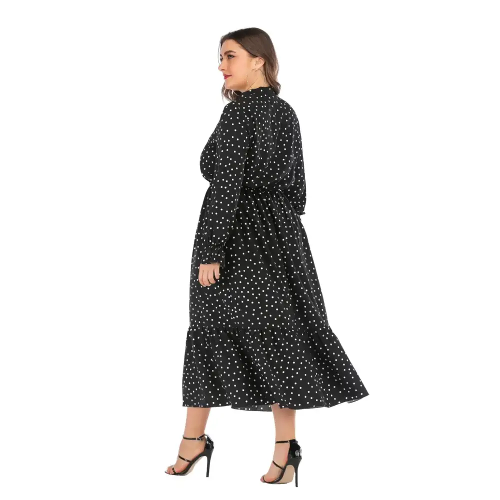 Plus Size Polka Dot Shirt Dress - Bow Tie & Long Sleeve