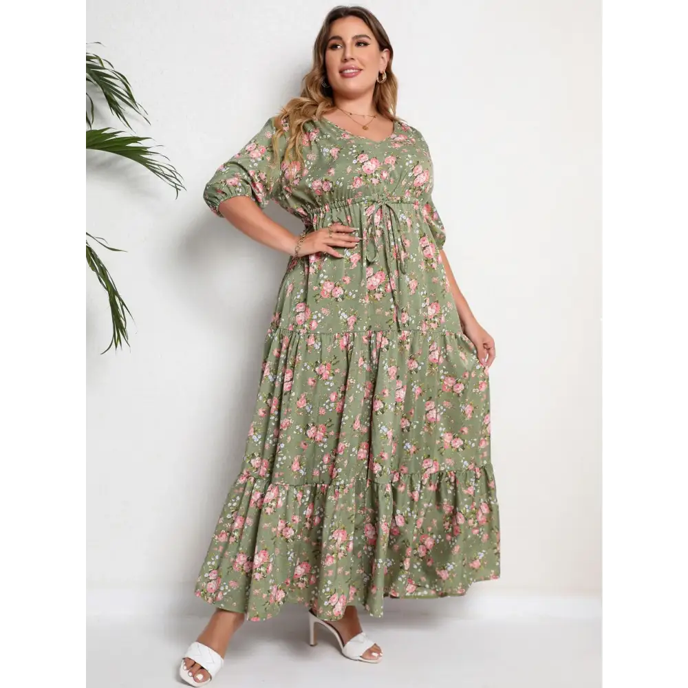 Plus Size Boho Floral Maxi Dress - V-Neck & Adjustable Sash