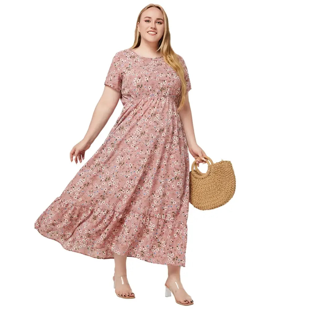 Plus Size Boho Floral Dress - O-Neck with Pockets