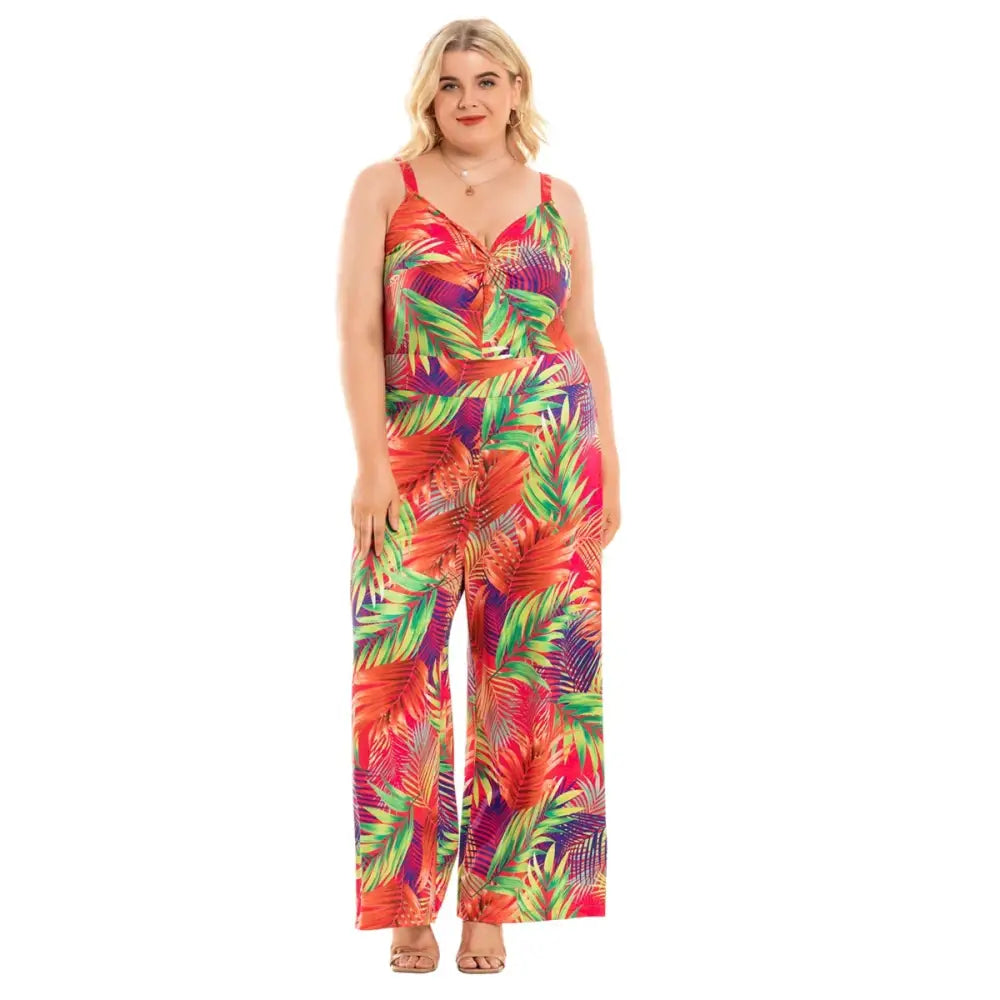 Plus Size Boho Floral Jumpsuit - Sleeveless V-Neck & Wide Leg